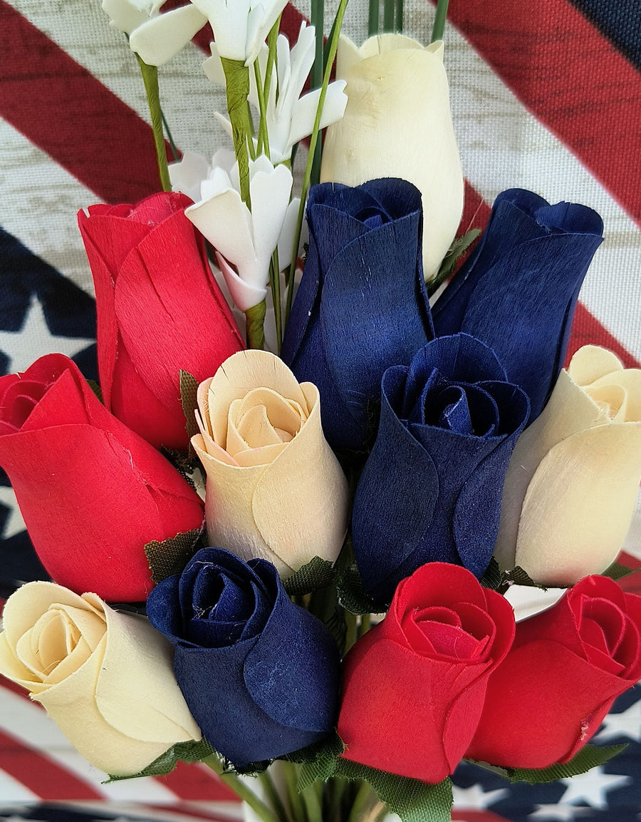 Patriotic Holiday Wooden Rose Bouquet RED, WHITE, and BLUE - The Original Wooden Rose