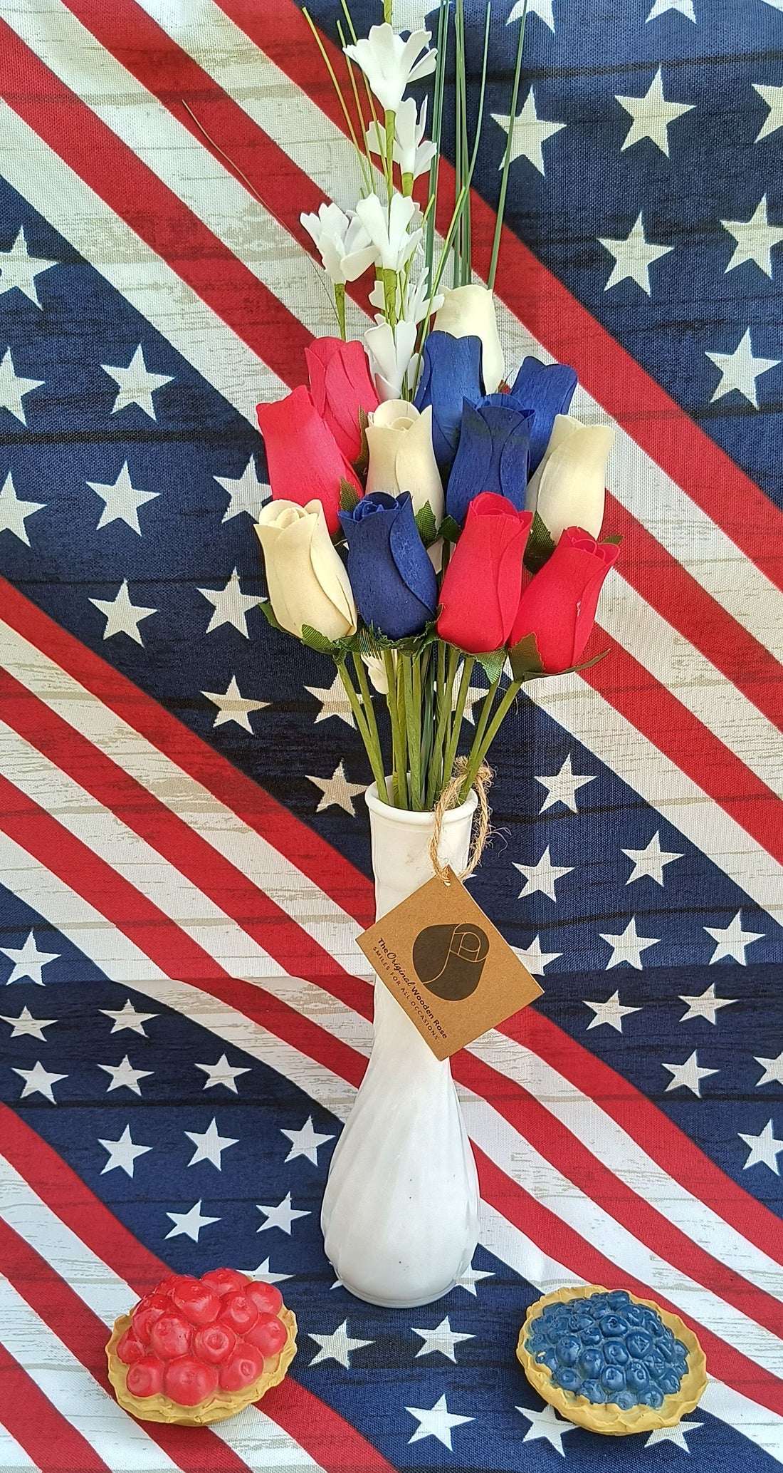 Patriotic Holiday Wooden Rose Bouquet RED, WHITE, and BLUE - The Original Wooden Rose