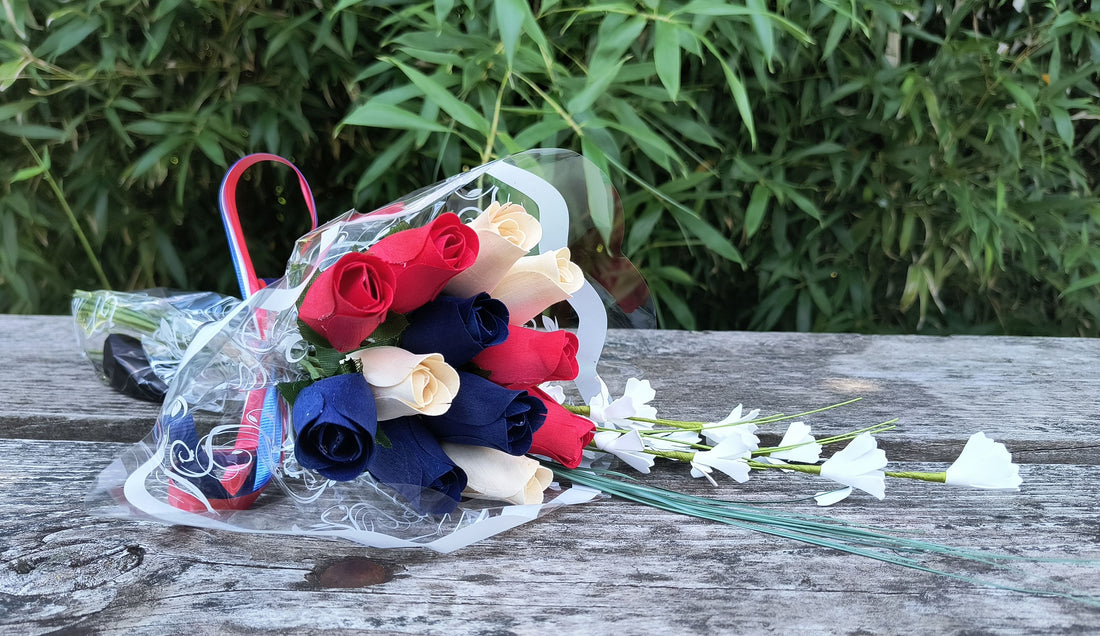 Patriotic Holiday Wooden Rose Bouquet RED, WHITE, and BLUE - The Original Wooden Rose