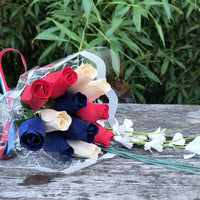 Patriotic Holiday Wooden Rose Bouquet RED, WHITE, and BLUE - The Original Wooden Rose