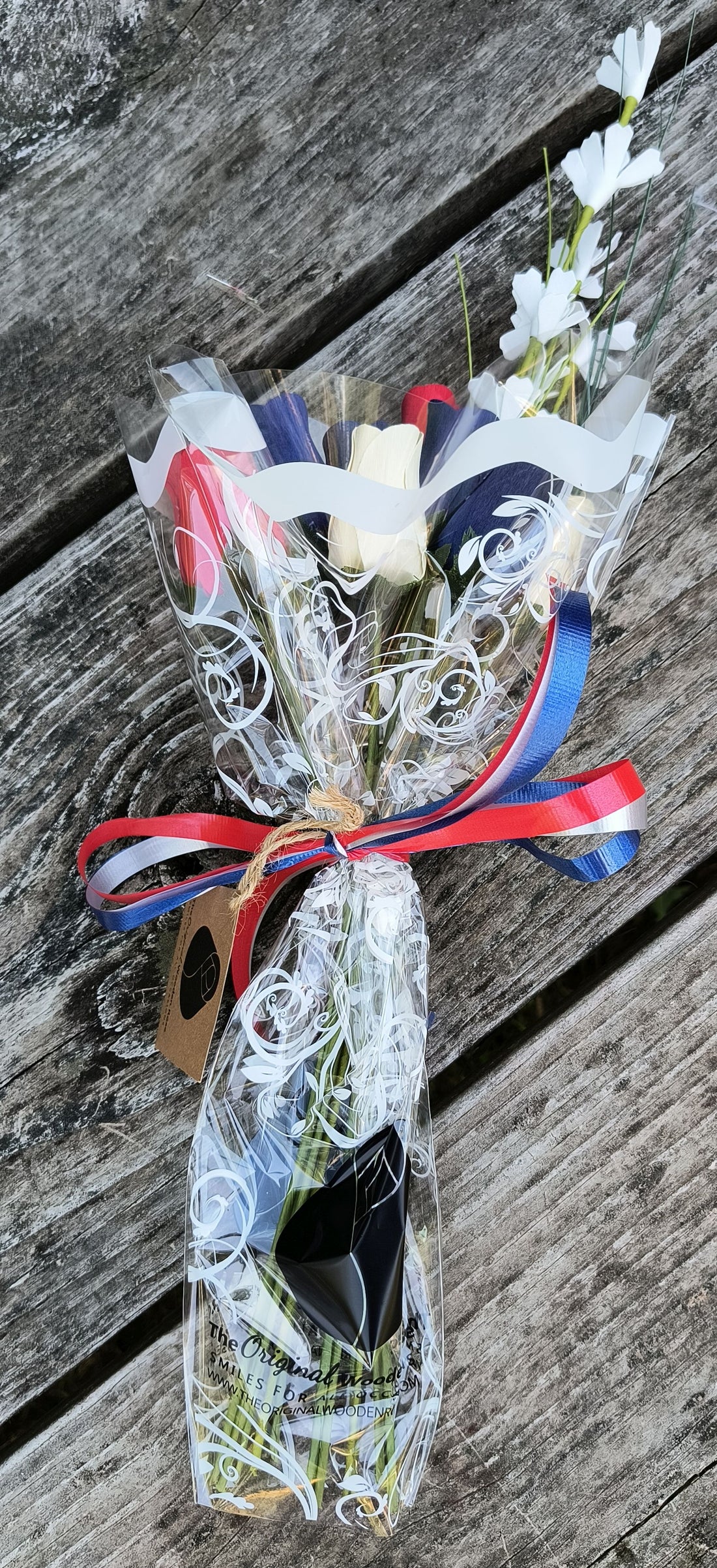 Patriotic Holiday Wooden Rose Bouquet RED, WHITE, and BLUE - The Original Wooden Rose