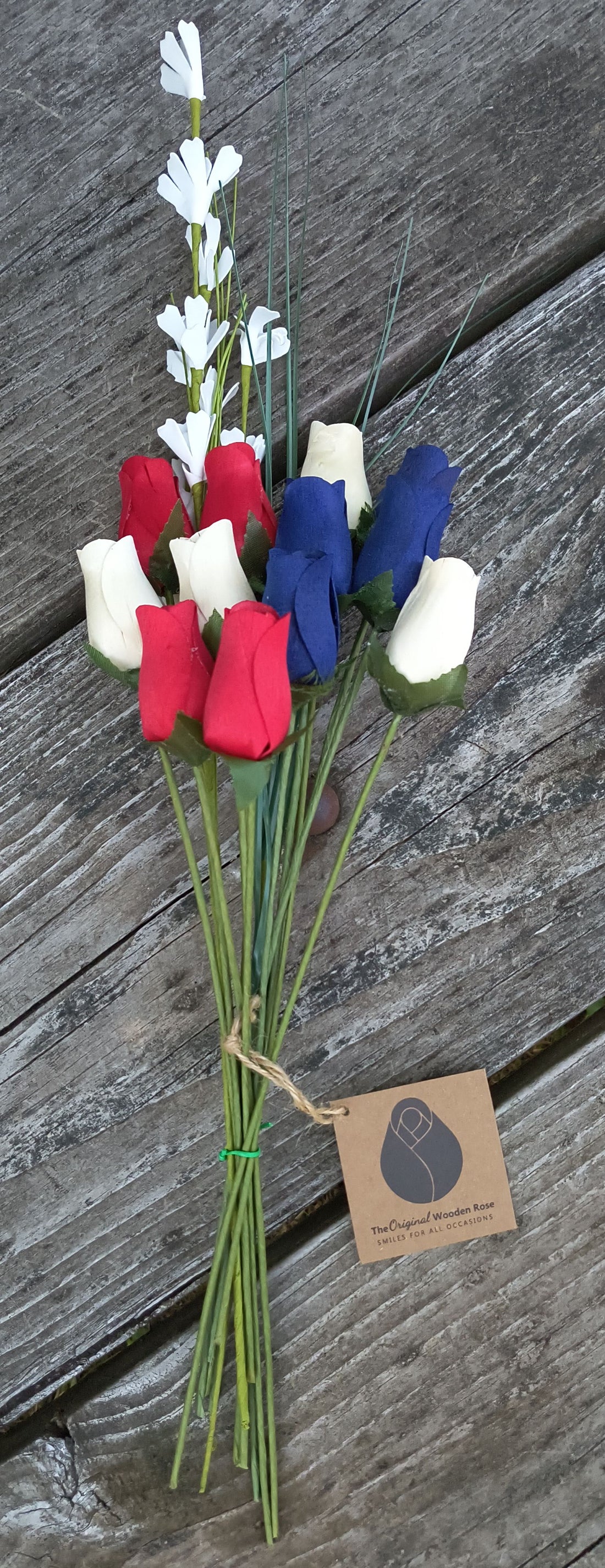 Patriotic Holiday Wooden Rose Bouquet RED, WHITE, and BLUE - The Original Wooden Rose