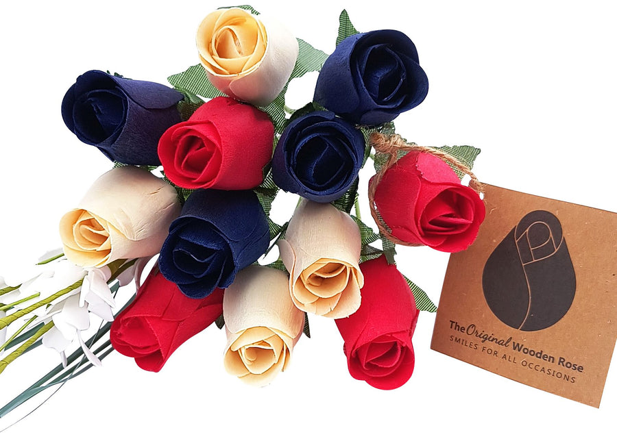 Patriotic Holiday Flowers RED, WHITE, and BLUE - The Original Wooden Rose