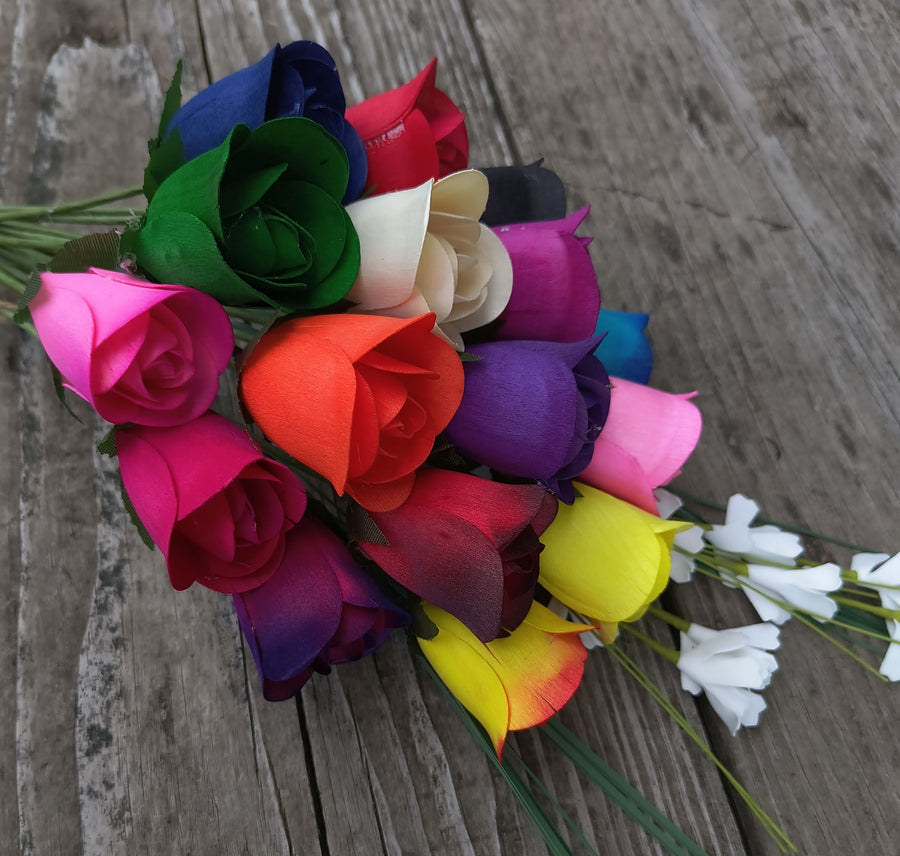 Assorted Colors Half Open Bud Wooden Rose Bouquet - The Original Wooden Rose