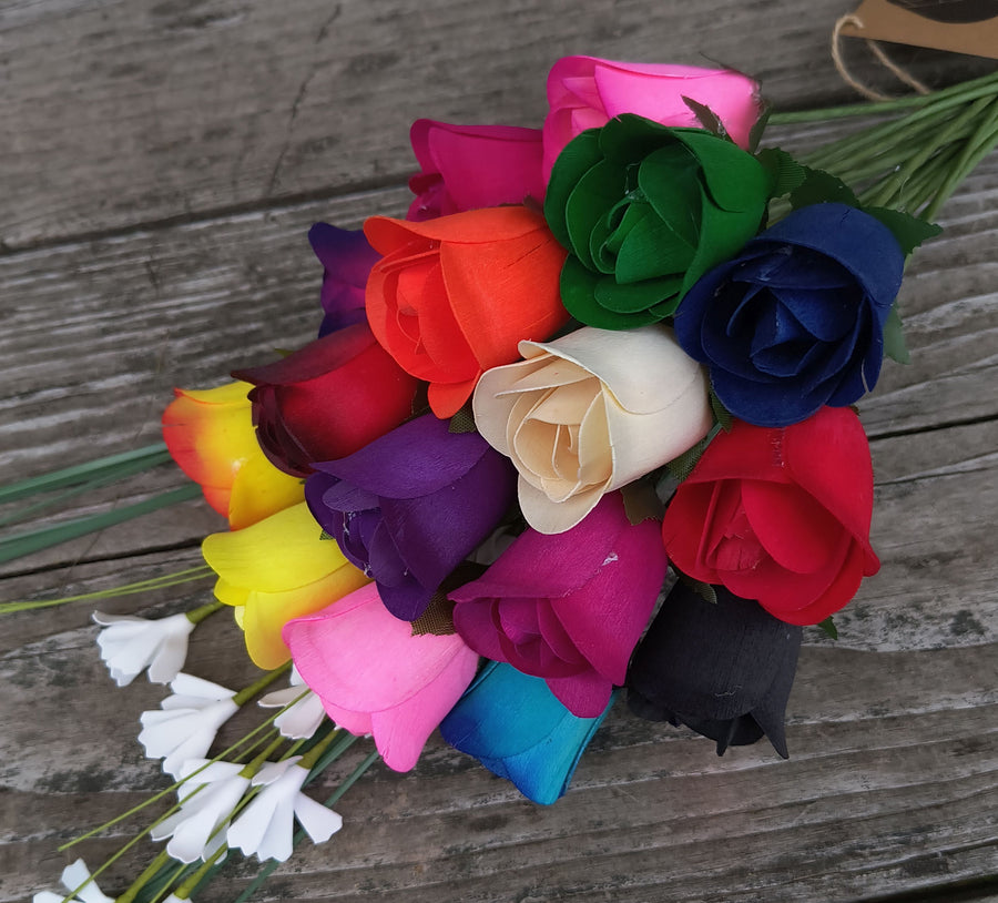 Assorted Colors Half Open Bud Wooden Rose Bouquet - The Original Wooden Rose