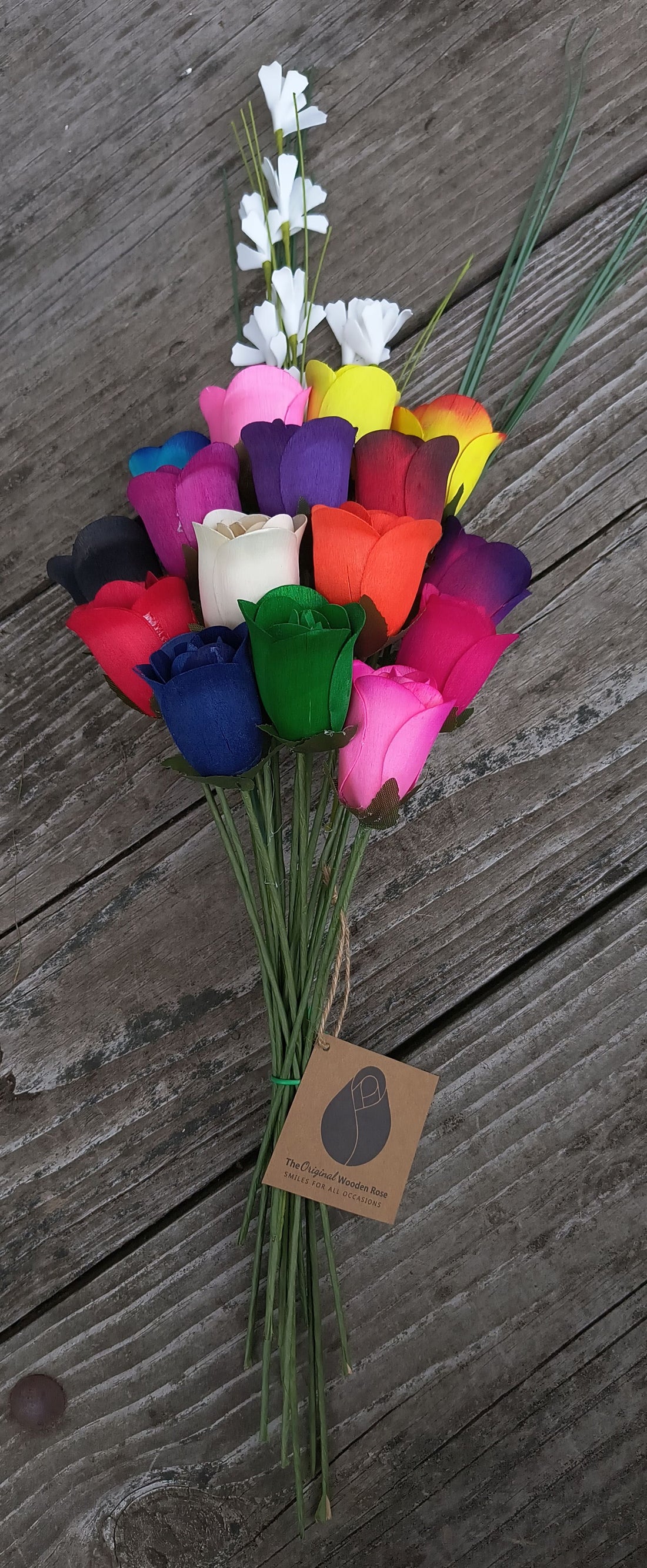 Assorted Colors Half Open Bud Wooden Rose Bouquet - The Original Wooden Rose