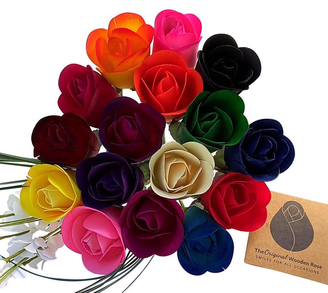 Assorted Colors Half Open Bud Wooden Rose Bouquet - The Original Wooden Rose