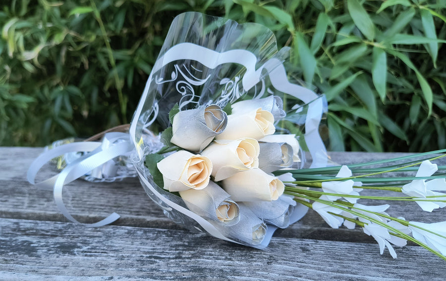 25 Year Anniversary Silver and White Wooden Rose Flower Bouquet - The Original Wooden Rose