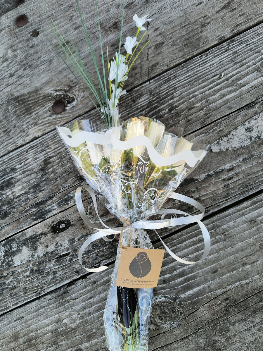 25 Year Anniversary Silver and White Wooden Rose Flower Bouquet - The Original Wooden Rose