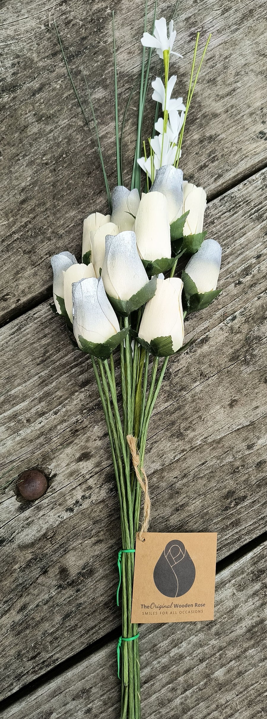 25 Year Anniversary Silver and White Wooden Rose Flower Bouquet - The Original Wooden Rose