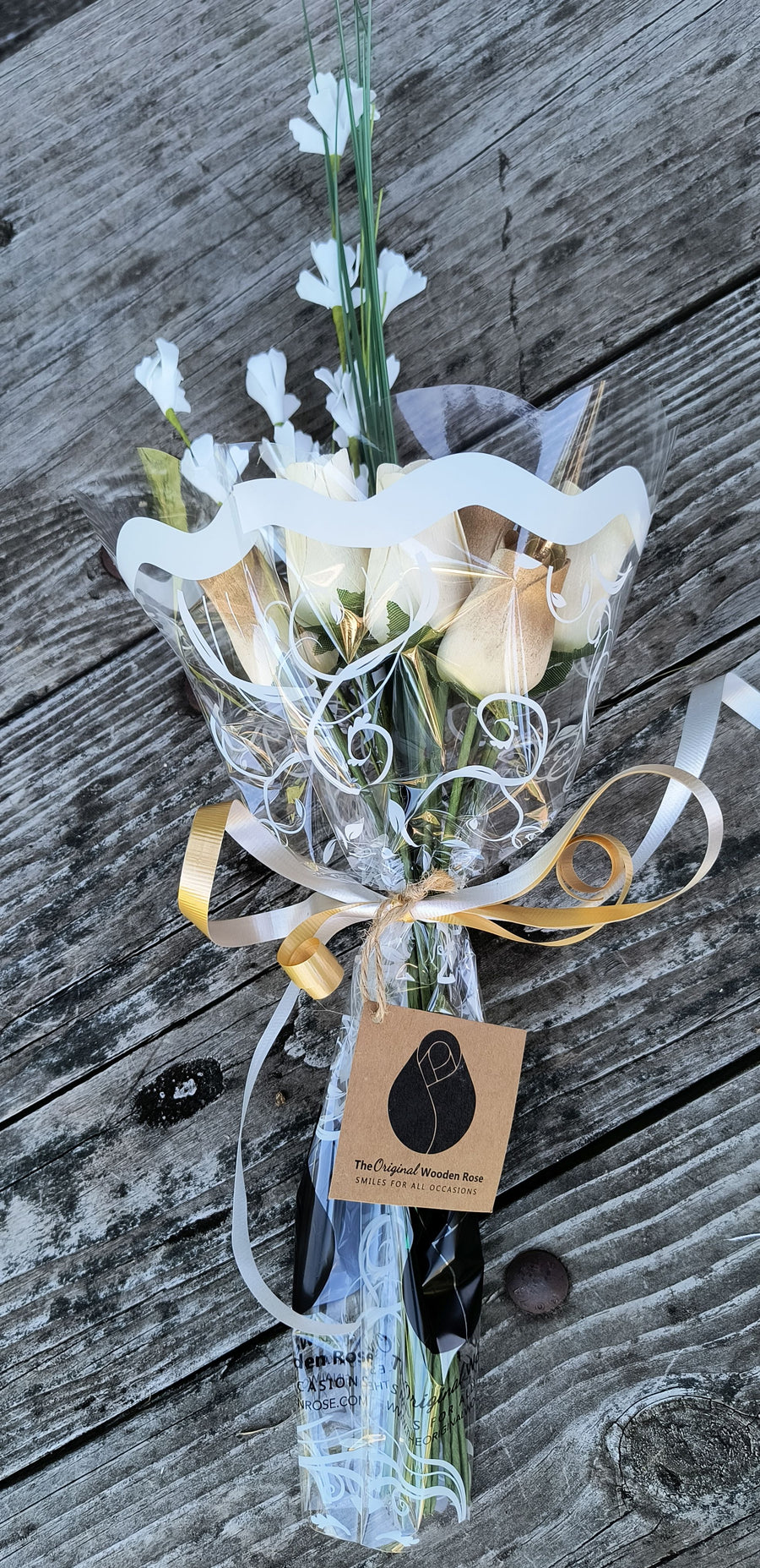 50 Year Anniversary Gold and White Wooden Rose Flower Bouquet - The Original Wooden Rose