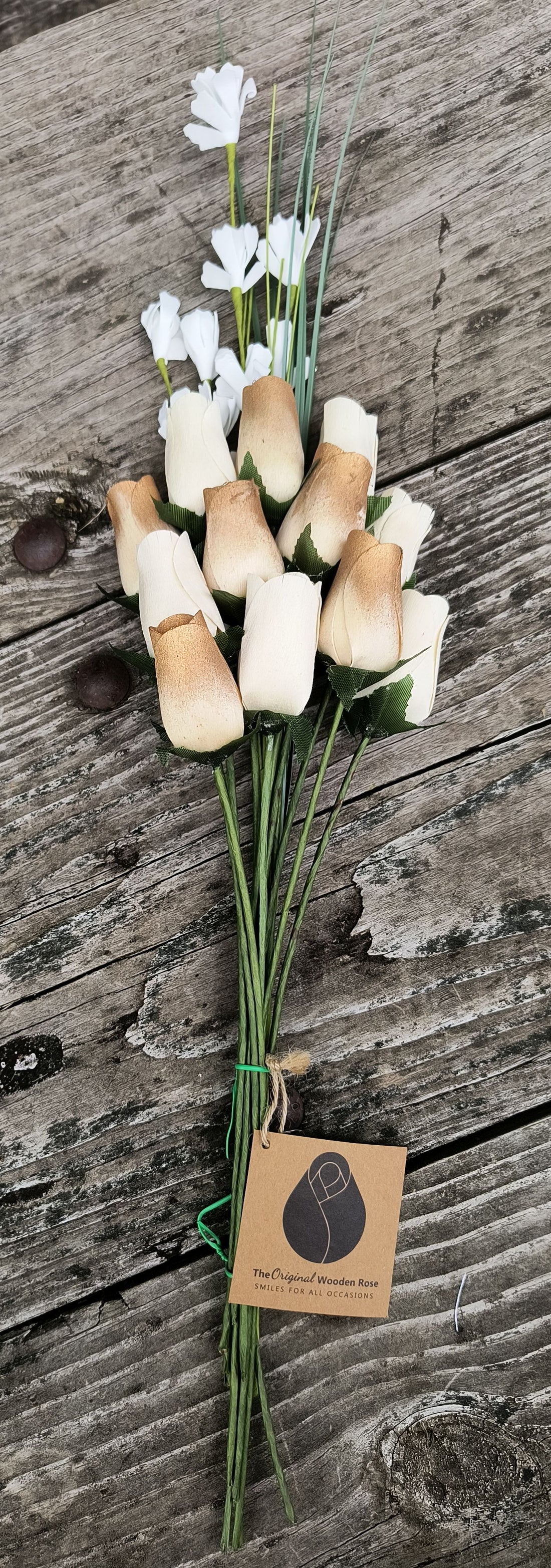 50 Year Anniversary Gold and White Wooden Rose Flower Bouquet - The Original Wooden Rose