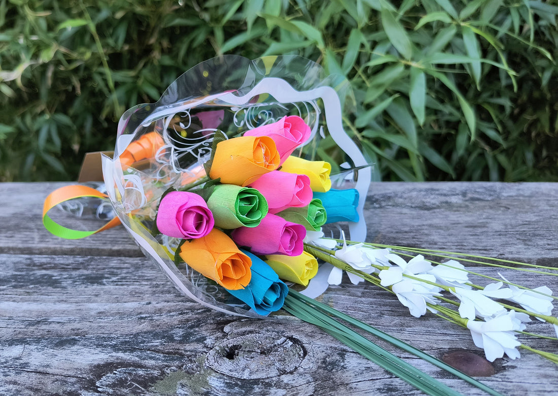 6 Color Spring Wooden Rose Flower Bouquet - The Original Wooden Rose