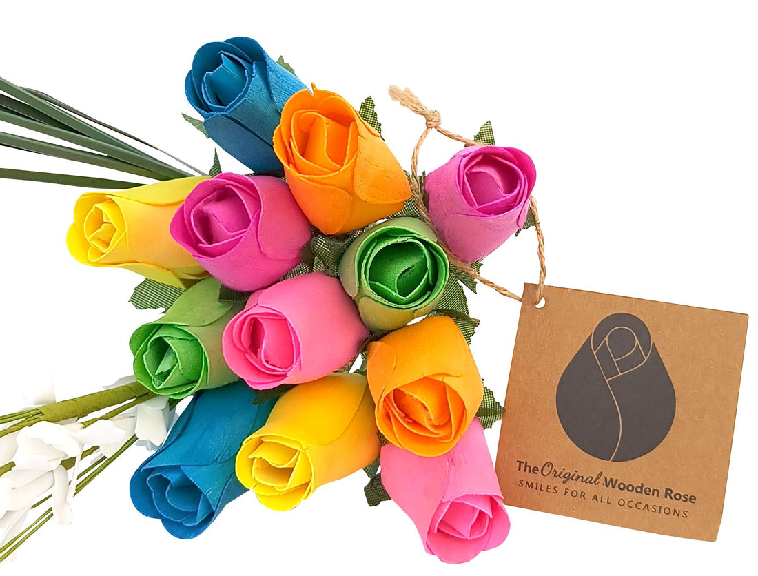 6 Color Spring Wooden Rose Flower Bouquet - The Original Wooden Rose