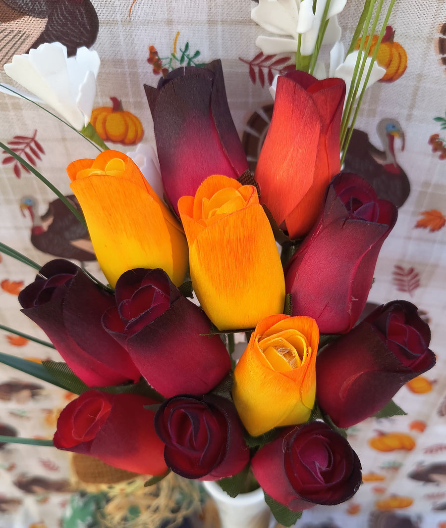 Dark Fall Harvest Colors. Yellows, Oranges, Reds Wooden Rose Flower Bouquet - The Original Wooden Rose