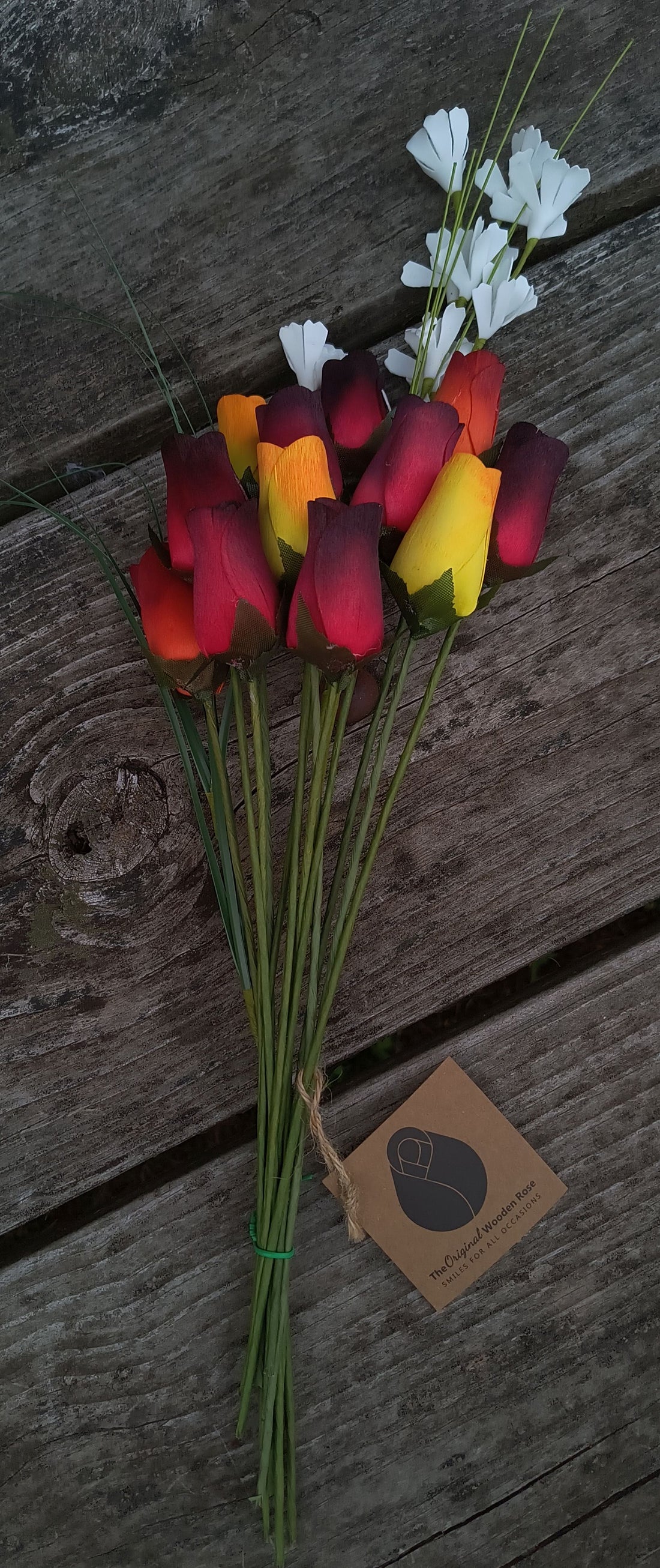 Dark Fall Harvest Colors. Yellows, Oranges, Reds Wooden Rose Flower Bouquet - The Original Wooden Rose