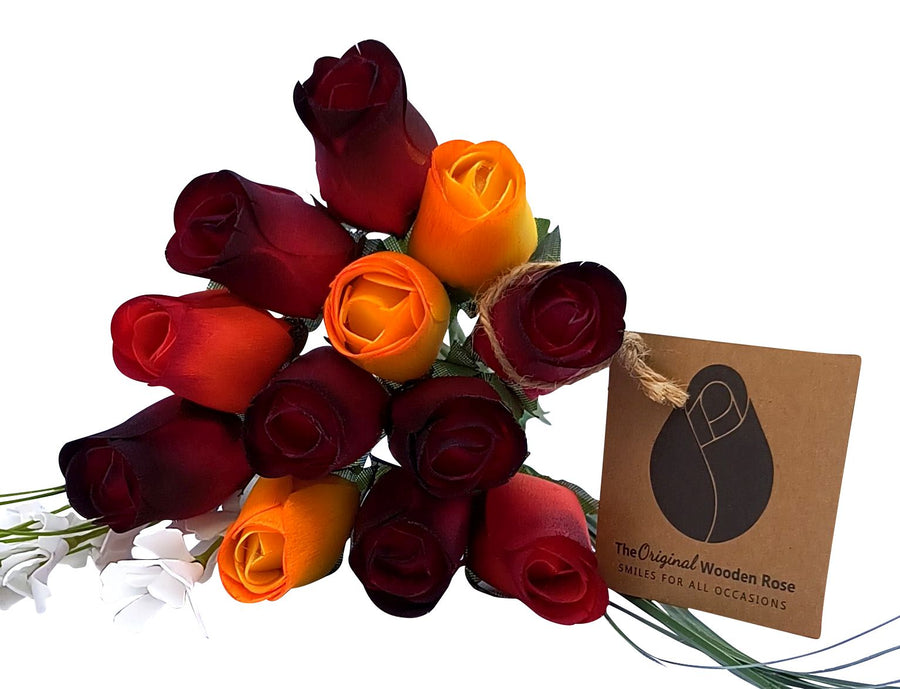 Dark Fall Harvest Colors. Yellows, Oranges, Reds Wooden Rose Flower Bouquet - The Original Wooden Rose