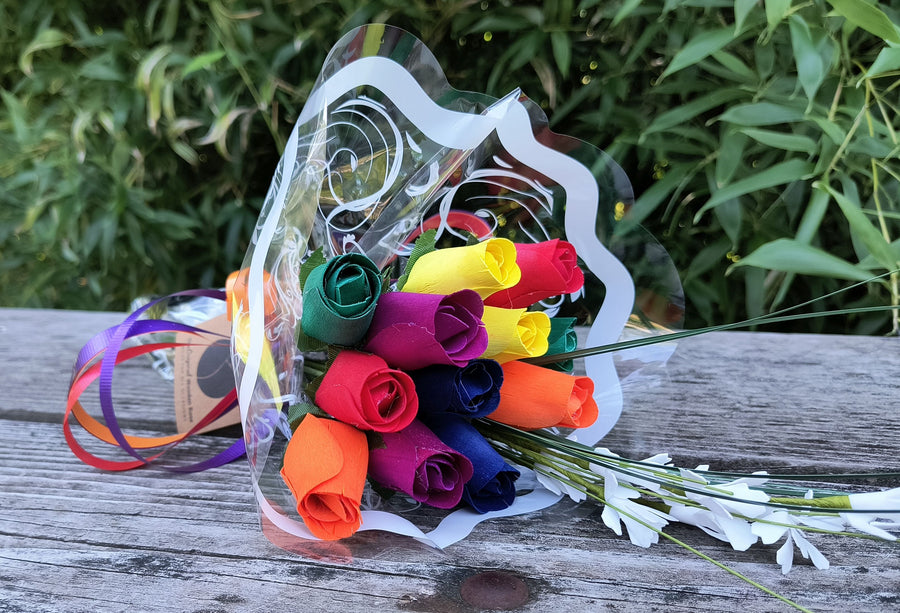 Gay Pride Rainbow of Wooden Roses Flower Bouquet - The Original Wooden Rose