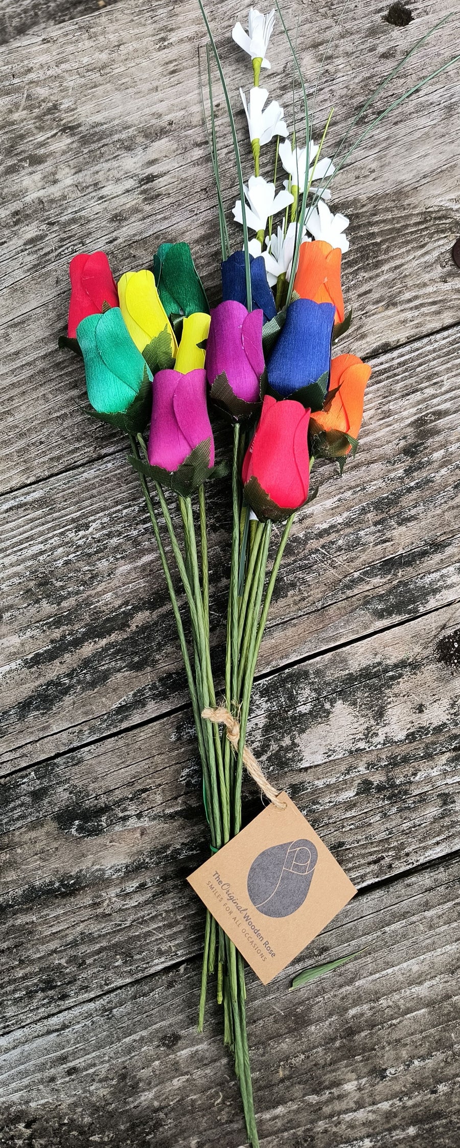 Autism Aware Rainbow of Wooden Roses Flower Bouquet - The Original Wooden Rose