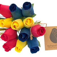 Happy Birthday Red, Blue, and Yellow Wooden Rose Flower Bouquet - The Original Wooden Rose