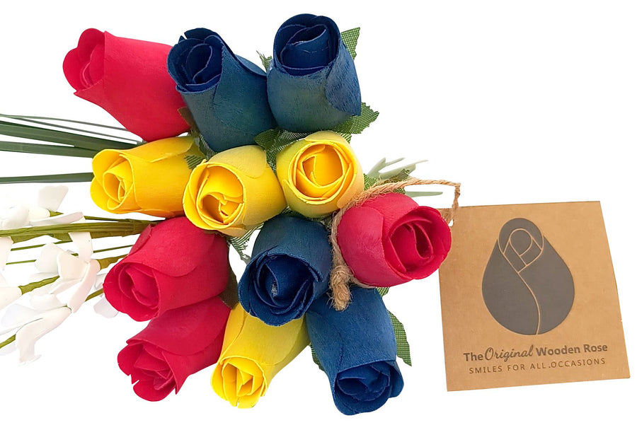 Happy Birthday Red, Blue, and Yellow Wooden Rose Flower Bouquet - The Original Wooden Rose