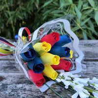 Happy Birthday Red, Blue, and Yellow Wooden Rose Flower Bouquet - The Original Wooden Rose