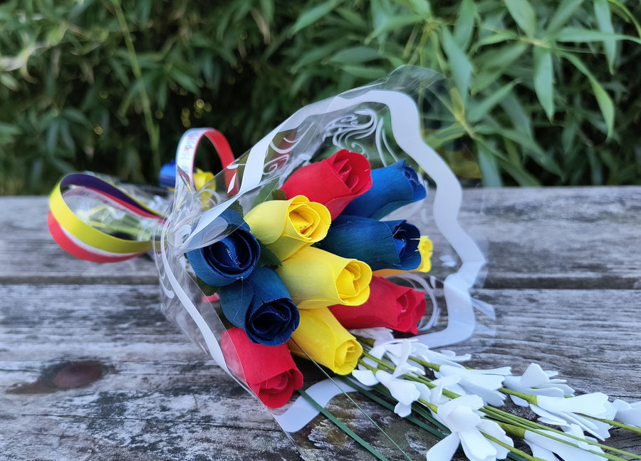 Happy Birthday Red, Blue, and Yellow Wooden Rose Flower Bouquet - The Original Wooden Rose