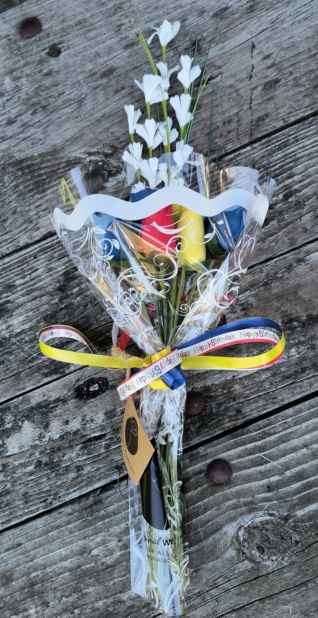 Happy Birthday Red, Blue, and Yellow Wooden Rose Flower Bouquet - The Original Wooden Rose