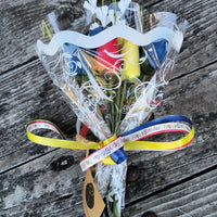 Happy Birthday Red, Blue, and Yellow Wooden Rose Flower Bouquet - The Original Wooden Rose