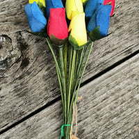 Happy Birthday Red, Blue, and Yellow Wooden Rose Flower Bouquet - The Original Wooden Rose