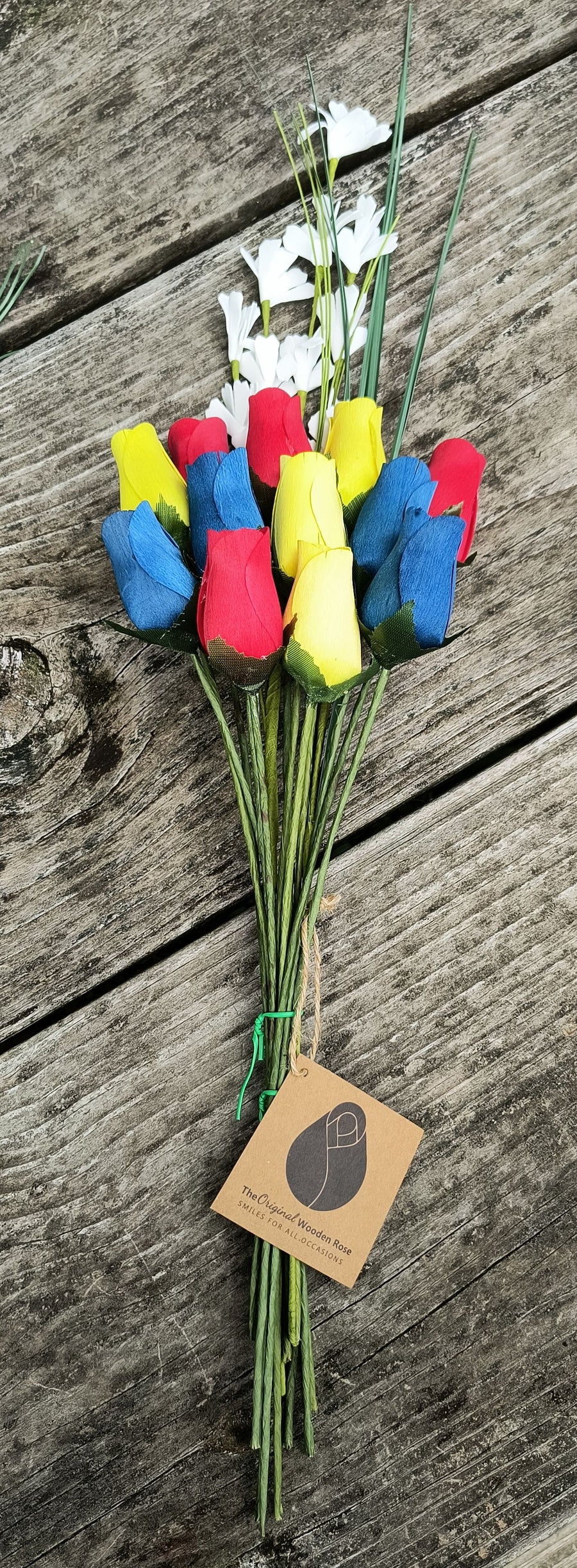 Happy Birthday Red, Blue, and Yellow Wooden Rose Flower Bouquet - The Original Wooden Rose