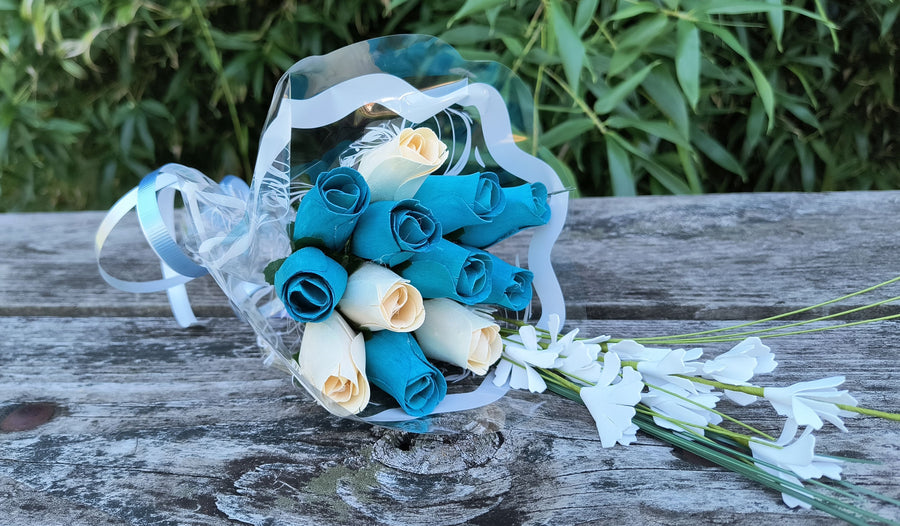 It's A Boy Light Blue and White Wooden Rose Flower Bouquet - The Original Wooden Rose