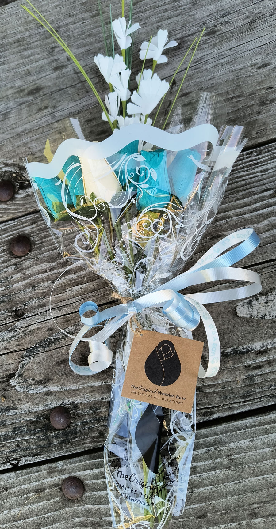 It's A Boy Light Blue and White Wooden Rose Flower Bouquet - The Original Wooden Rose