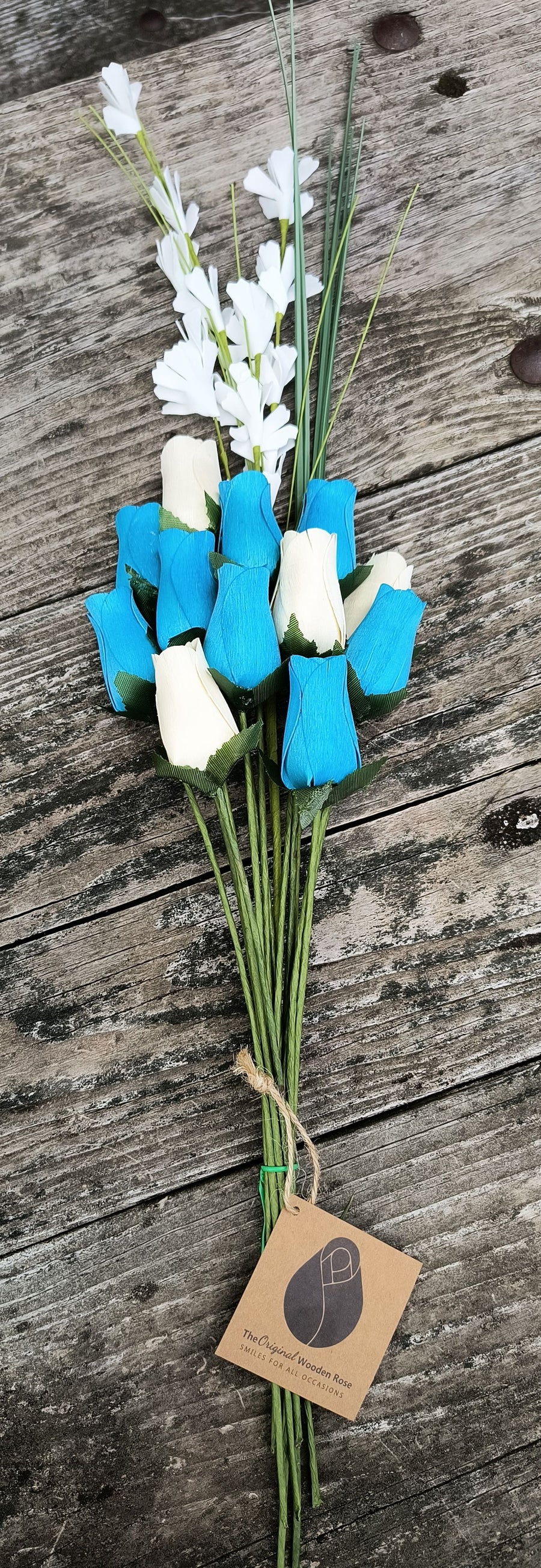 It's A Boy Light Blue and White Wooden Rose Flower Bouquet - The Original Wooden Rose