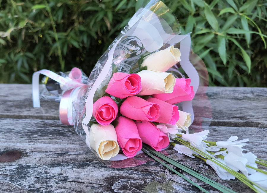 It's A Girl Light Pink, and White Wooden Rose Flower Bouquet - The Original Wooden Rose