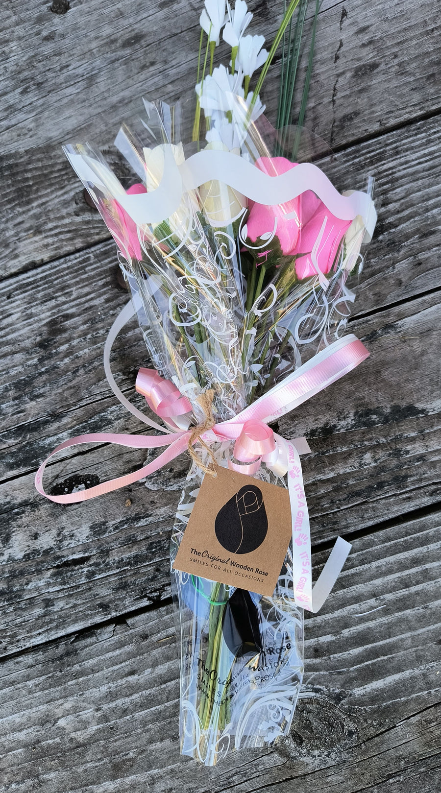 It's A Girl Light Pink, and White Wooden Rose Flower Bouquet - The Original Wooden Rose