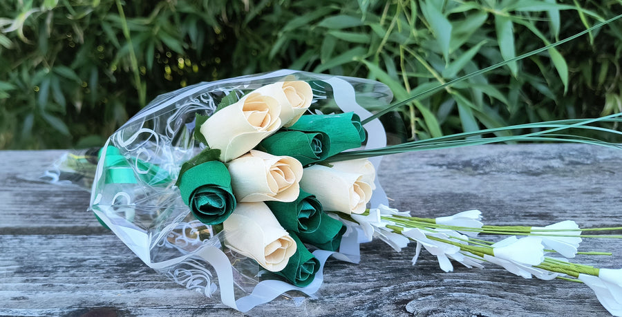 Saint Patrick's Day Green and White Wooden Rose Flower Bouquet - The Original Wooden Rose