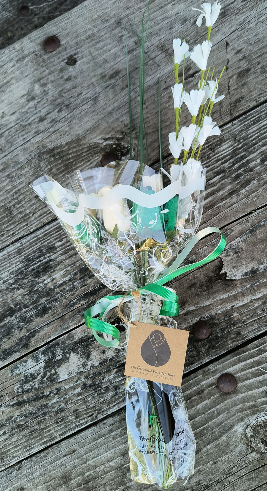 Saint Patrick's Day Green and White Wooden Rose Flower Bouquet - The Original Wooden Rose