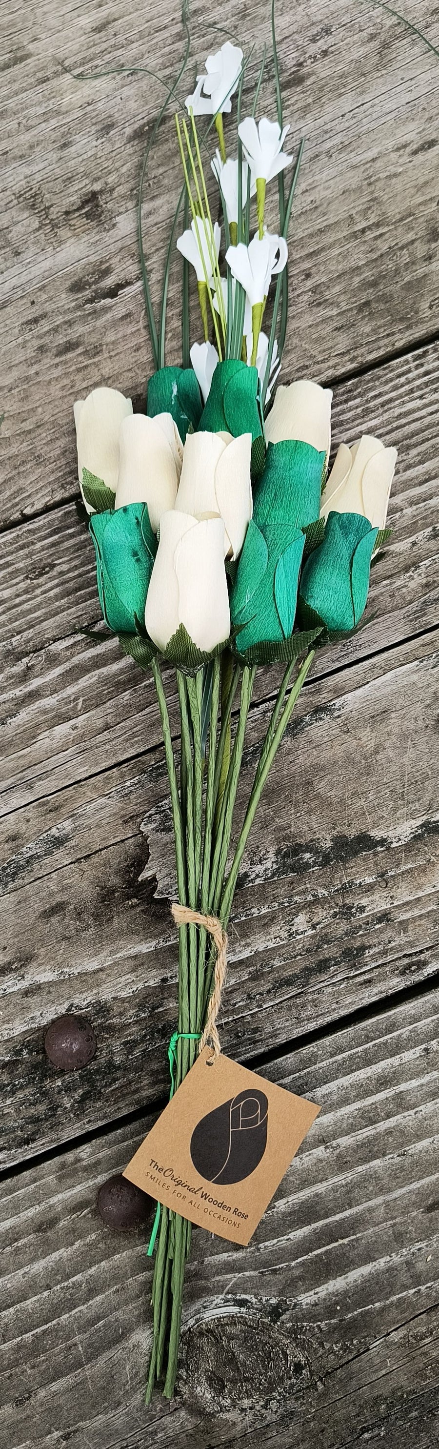 Saint Patrick's Day Green and White Wooden Rose Flower Bouquet - The Original Wooden Rose