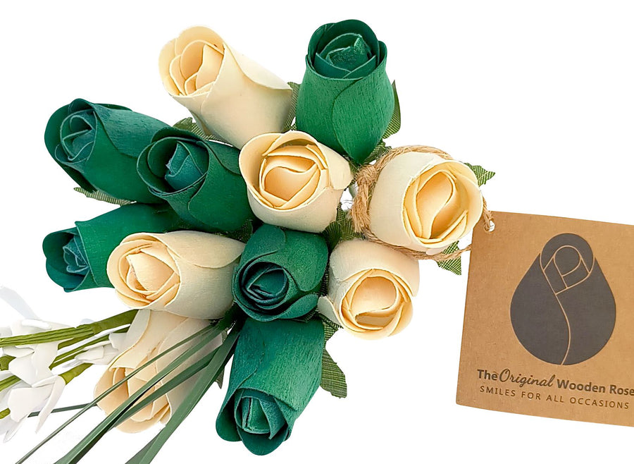 Saint Patrick's Day Green and White Wooden Rose Flower Bouquet - The Original Wooden Rose