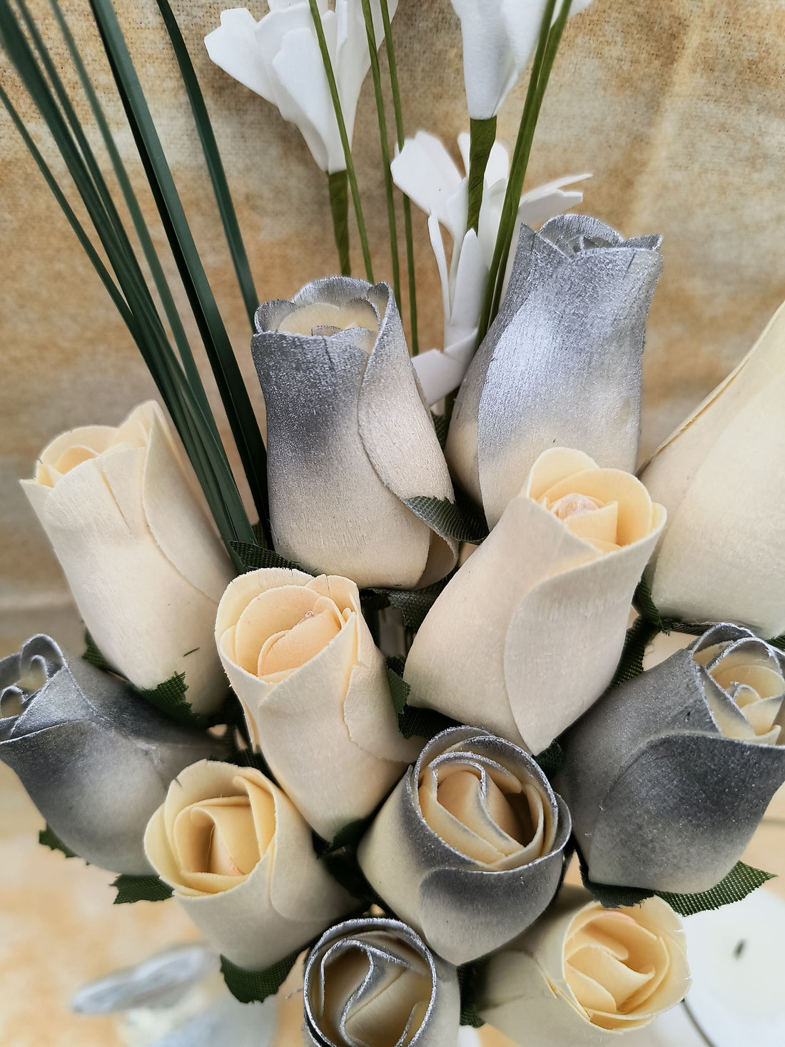 25 Year Anniversary Silver and White Wooden Rose Flower Bouquet - The Original Wooden Rose