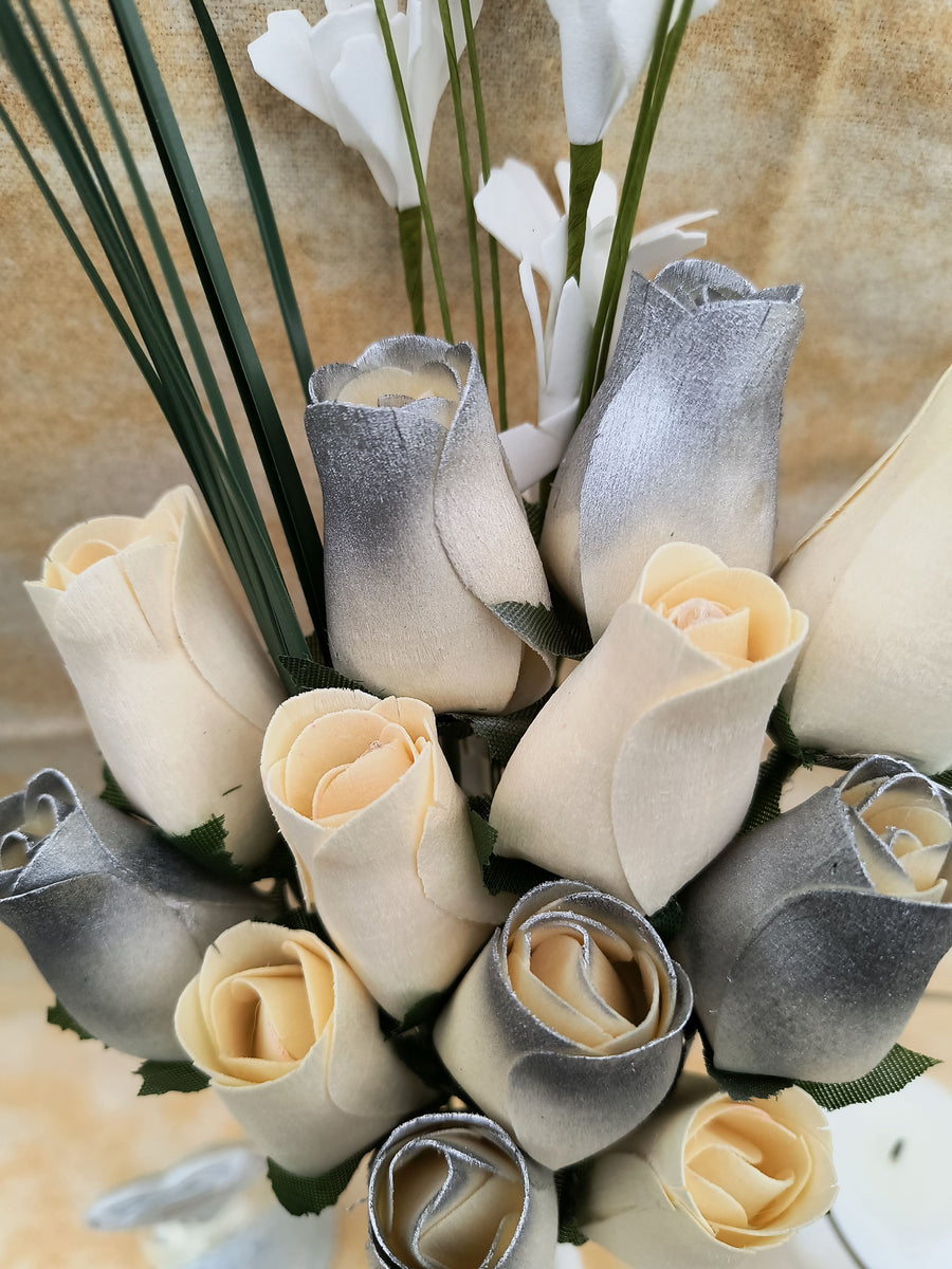 25 Year Anniversary Silver and White Wooden Rose Flower Bouquet - The Original Wooden Rose