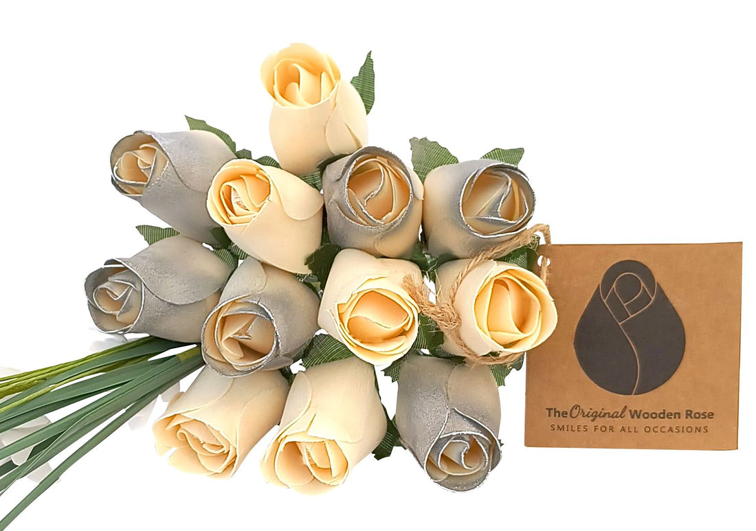 25 Year Anniversary Silver and White Wooden Rose Flower Bouquet - The Original Wooden Rose