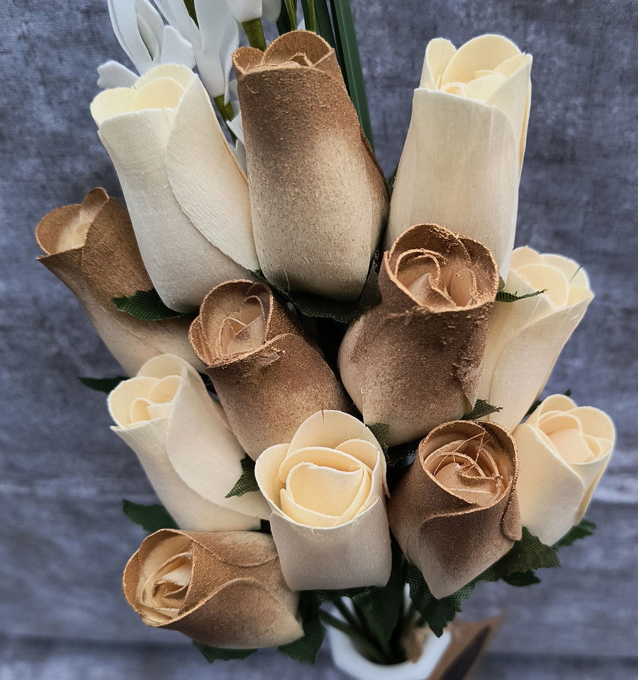 50 Year Anniversary Gold and White Wooden Rose Flower Bouquet - The Original Wooden Rose