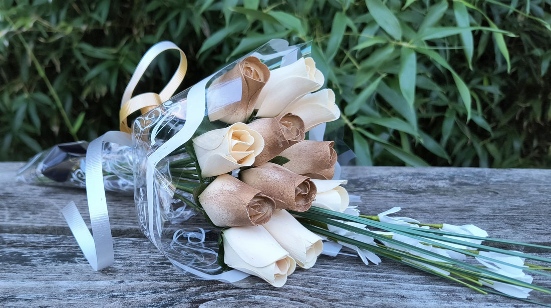 50 Year Anniversary Gold and White Wooden Rose Flower Bouquet