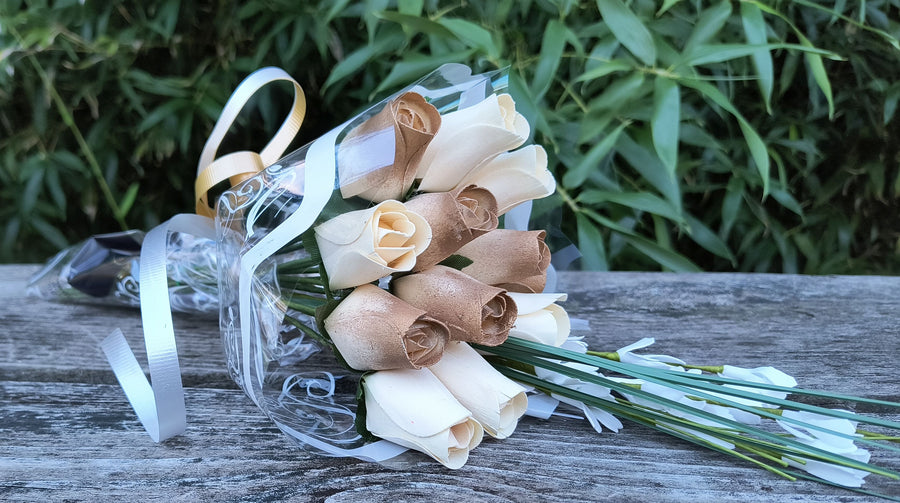 50 Year Anniversary Gold and White Wooden Rose Flower Bouquet - The Original Wooden Rose