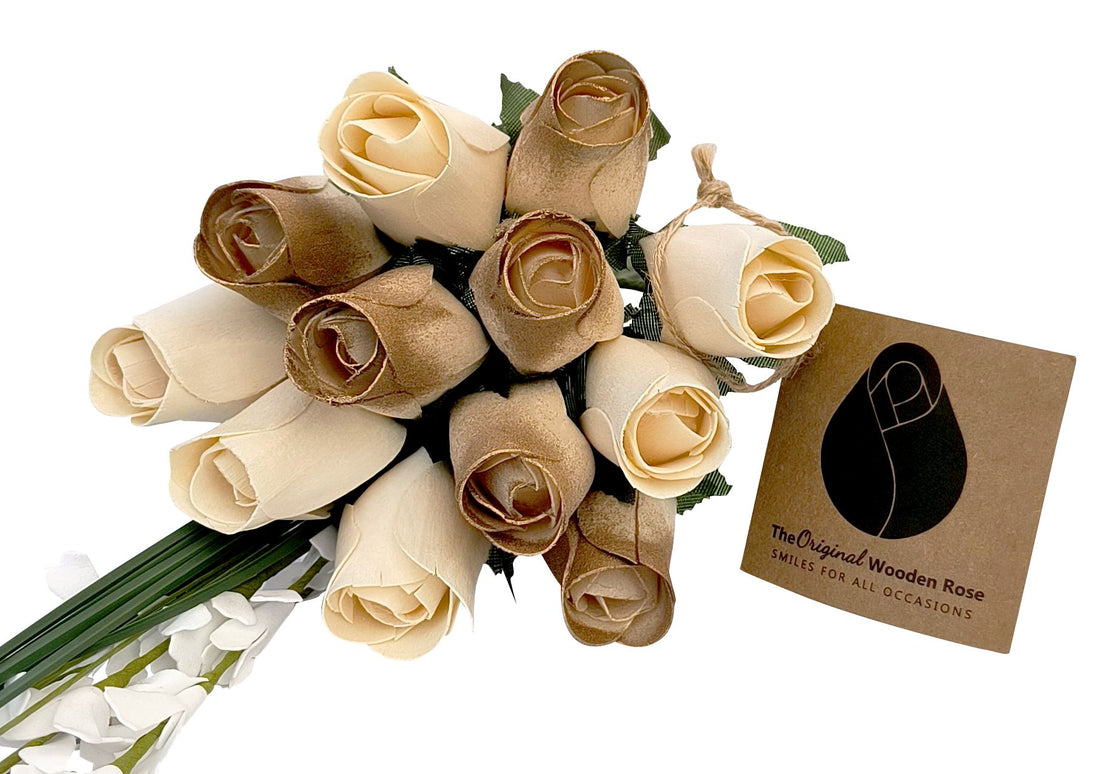 50 Year Anniversary Gold and White Wooden Rose Flower Bouquet - The Original Wooden Rose