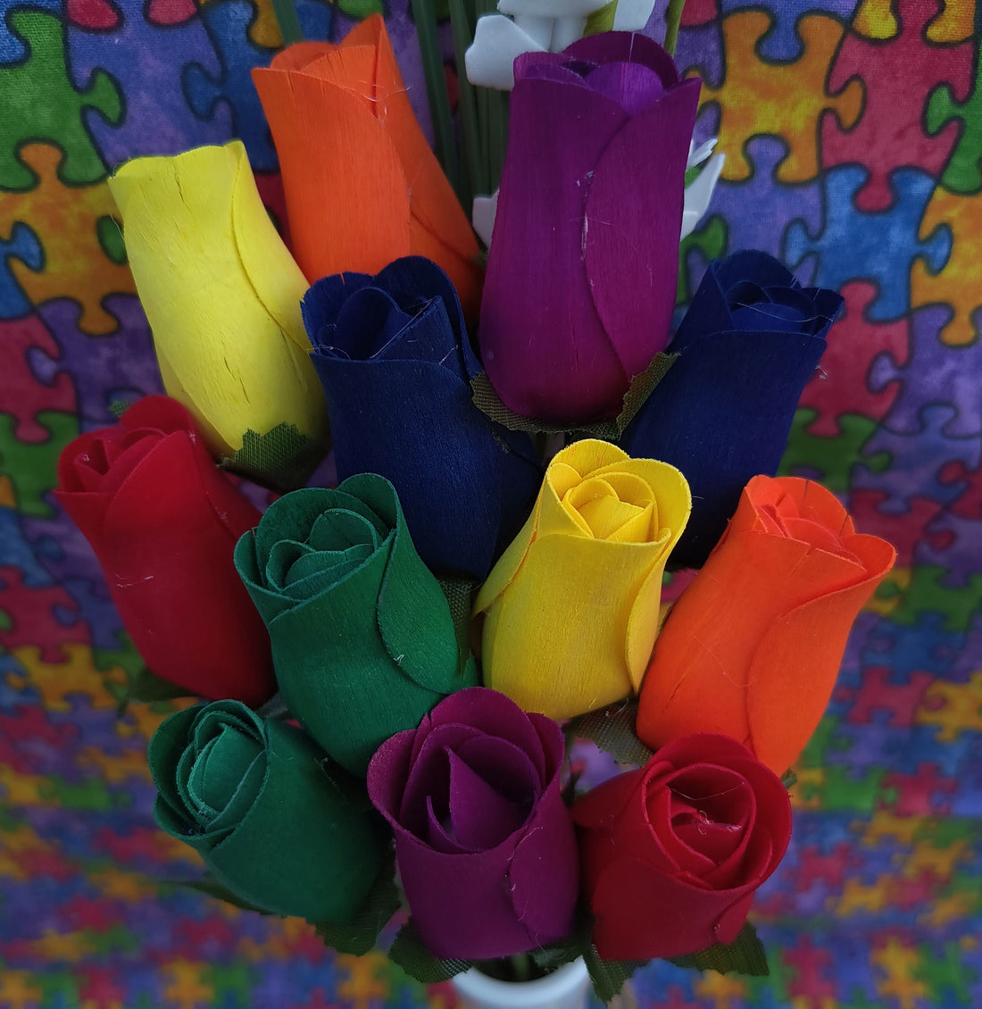 Autism Aware Rainbow of Wooden Roses Flower Bouquet - The Original Wooden Rose