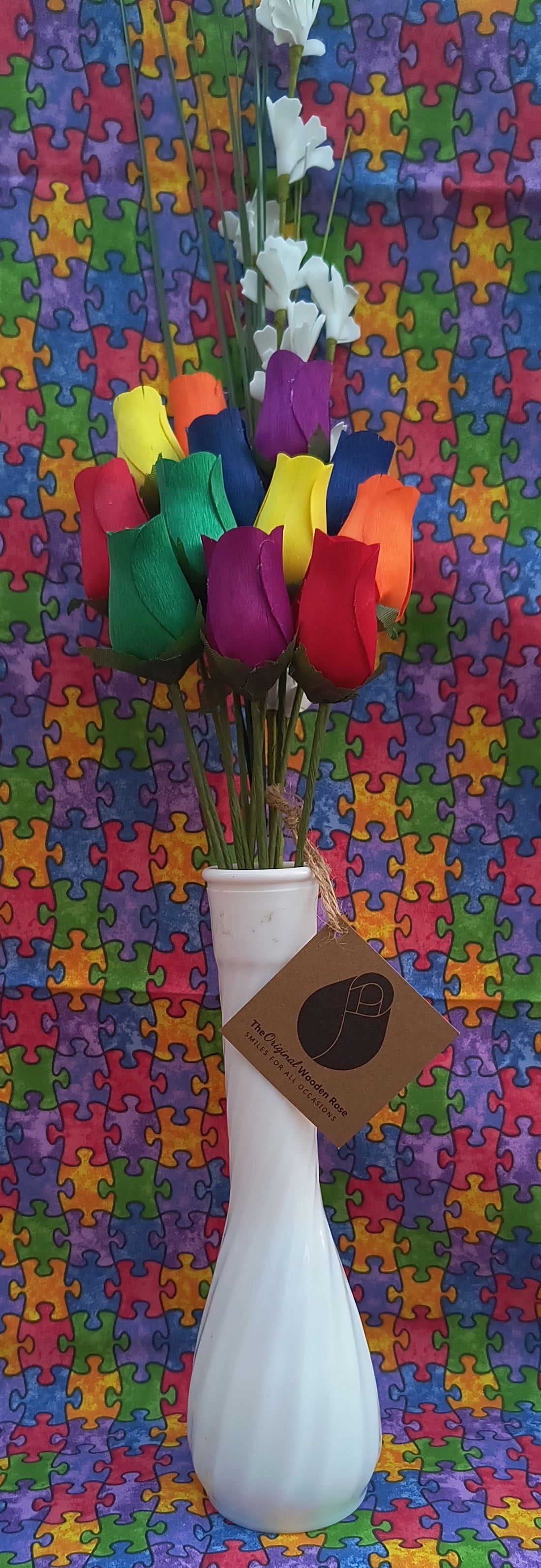 Autism Aware Rainbow of Wooden Roses Flower Bouquet - The Original Wooden Rose