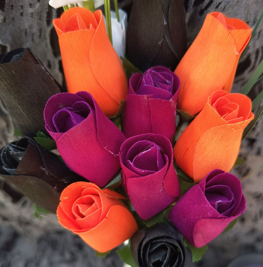 Black, Orange, and Violet Halloween Wooden Rose Flower Bouquet - The Original Wooden Rose